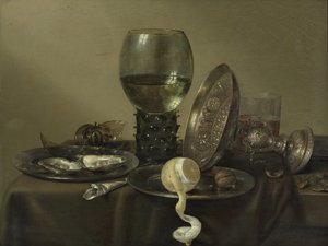 Ainda vida com ostras, um rum, um limão e uma taça de prata